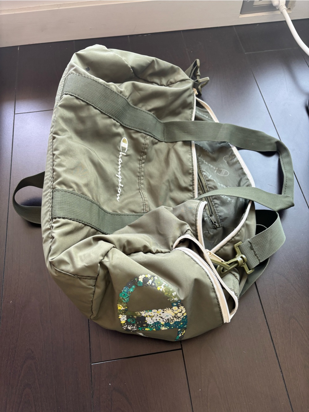 Champion Olive Green Travel Duffel with Floral Logo Accent